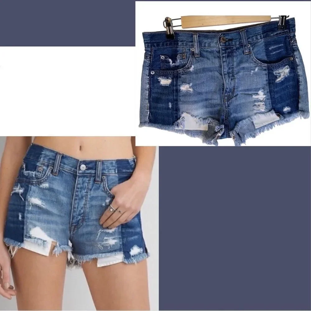 American Eagle Size 6 Vintage HiRise Festival Frayed Hem Distressed Denim Shorts